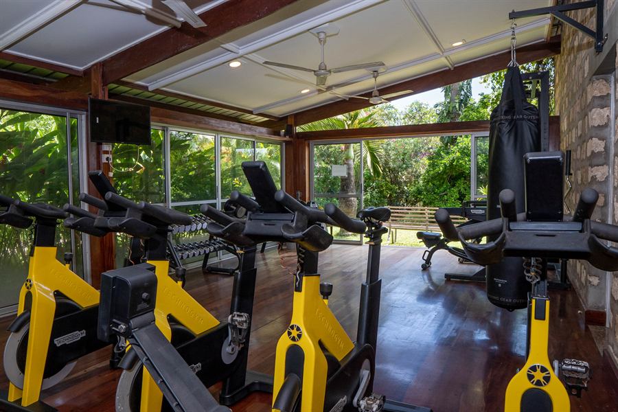 Residents' gym with spin bikes, rowing machines and punch bag, open to the garden