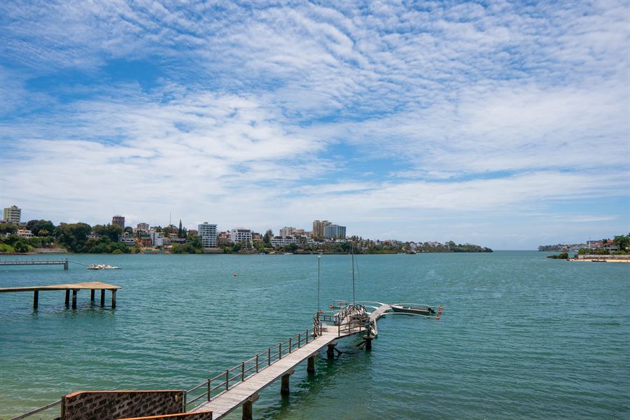 The whole jetty and a moored yacht, seen from above